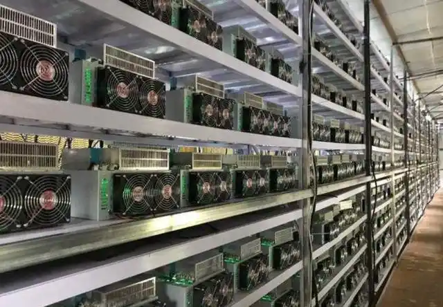 Cryptocurrency mining farm operation showing multiple mining rigs in action
